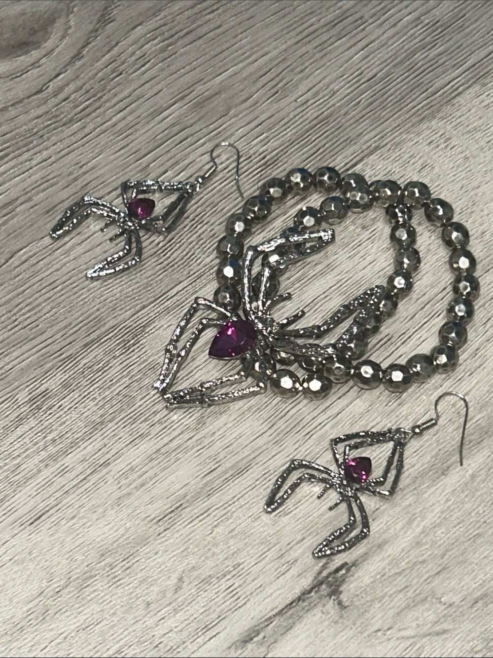 Silver Spider Pendant Bracelet and Earrings Set with Pink Gem - Spooky Halloween
